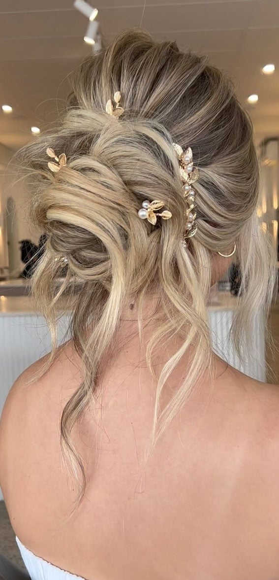Textured Updo With Gold And Pearl Accessories Textured Updo With Gold And Pearl Accessories — Simple Updo Hair