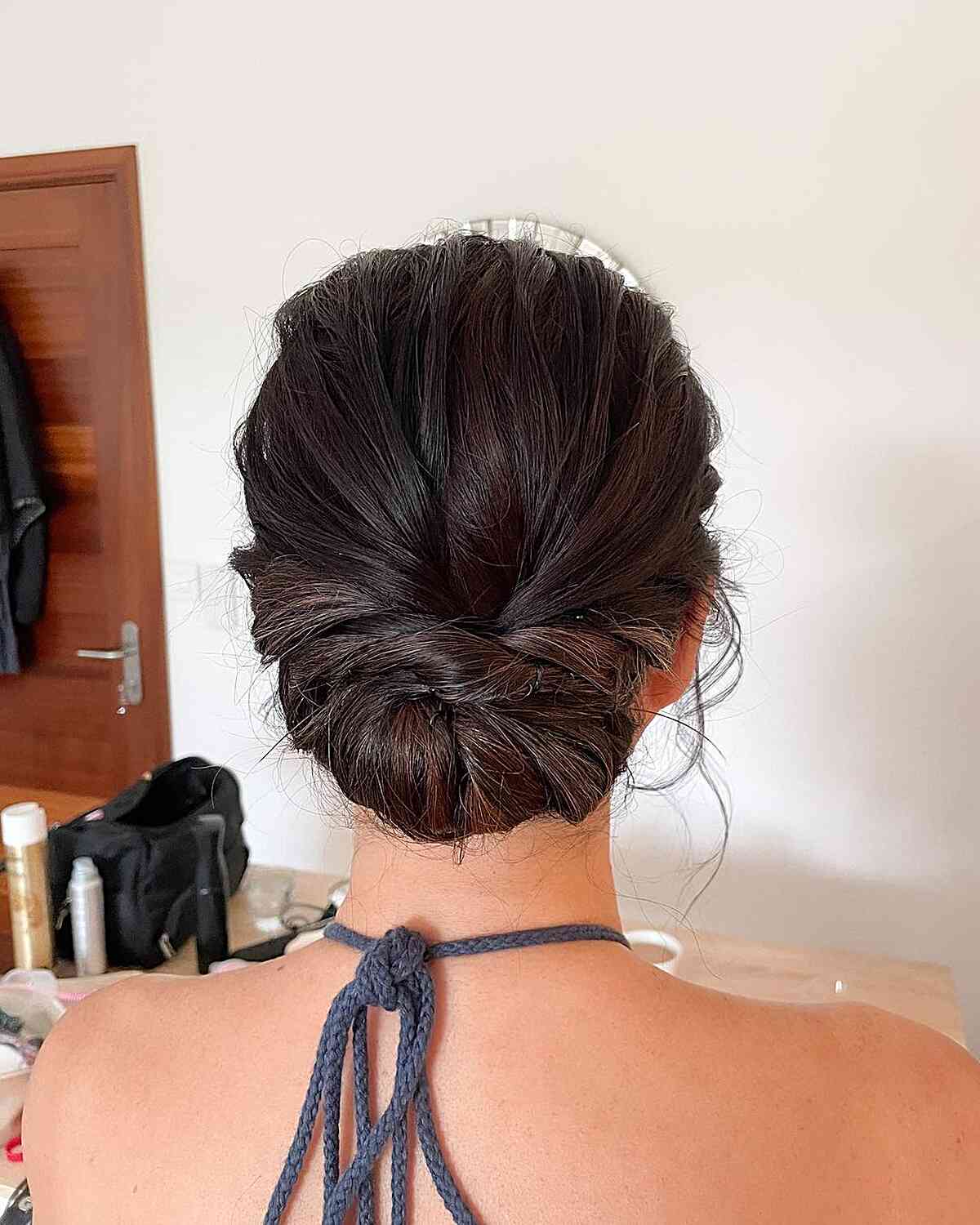 Simple Dark Brown Twisted Low Bun Simple Dark Brown Twisted Low Bun — Simple Updo Hair
