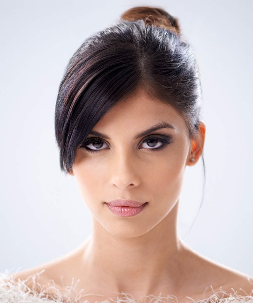 Dark Brown Updo With Asymmetrical Bangs Dark Brown Updo With Asymmetrical Bangs — Simple Updo Hair