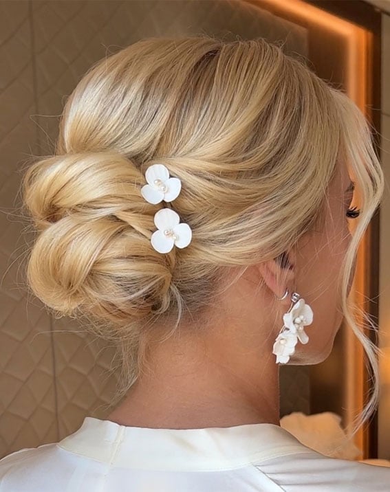 Sophisticated Blonde Updo With Floral Pins Sophisticated Blonde Updo With Floral Pins — Simple Updo Hair