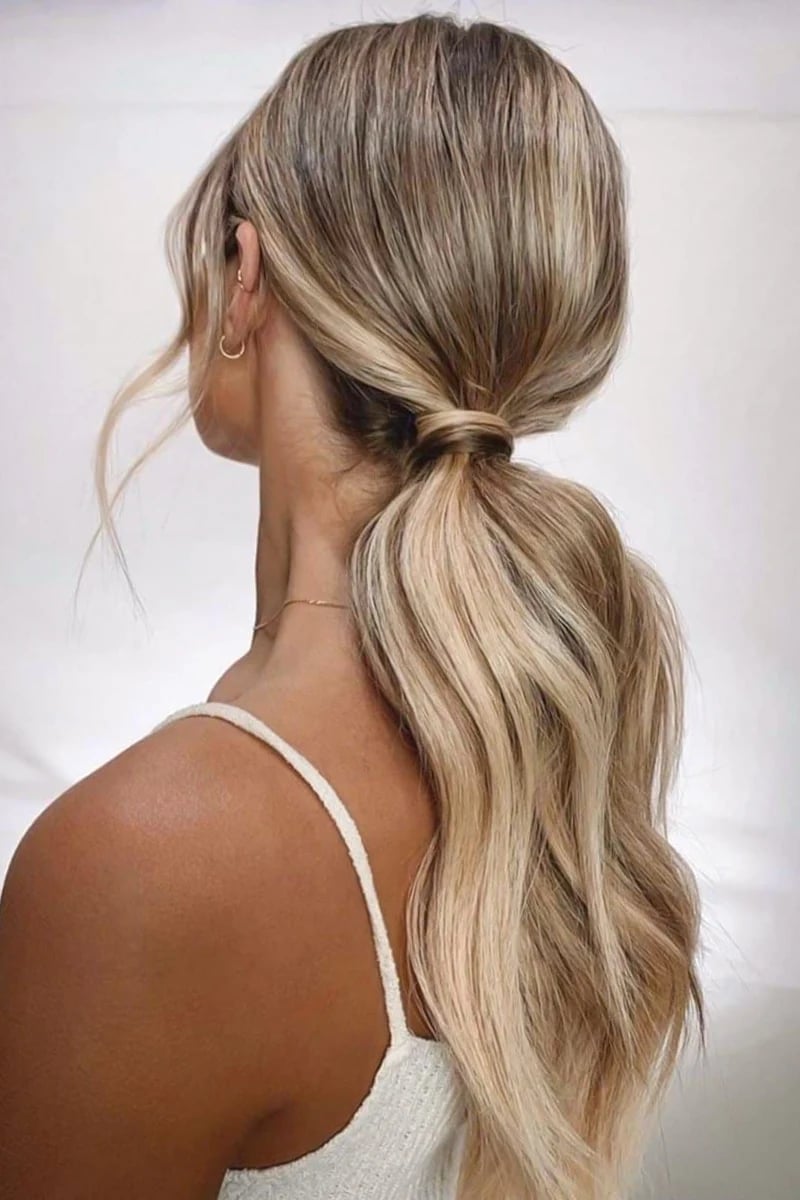 Low Ponytail Wrapped Base Blonde Balayage Low Ponytail Wrapped Base Blonde Balayage — Simple Updo Ponytail