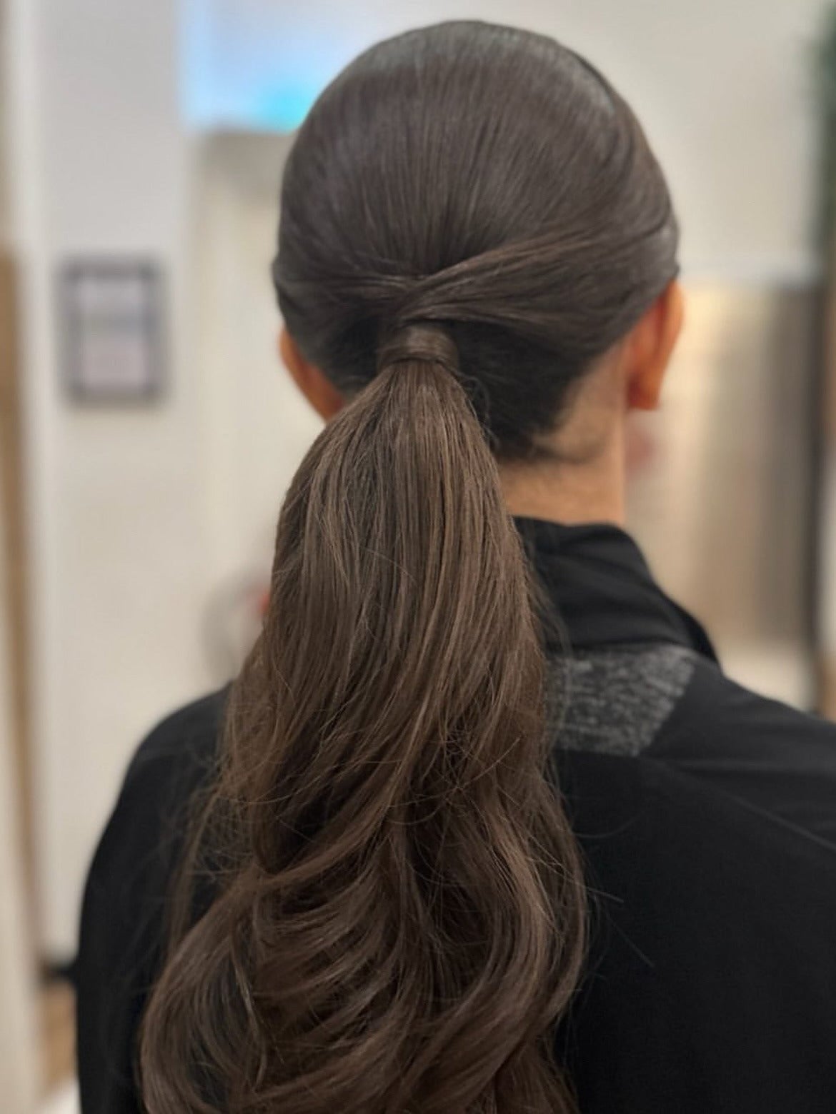 Low Ponytail Voluminous Crown Dark Brown, Mid-Back Low Ponytail Voluminous Crown Dark Brown, Mid-Back — Simple Updo Ponytail