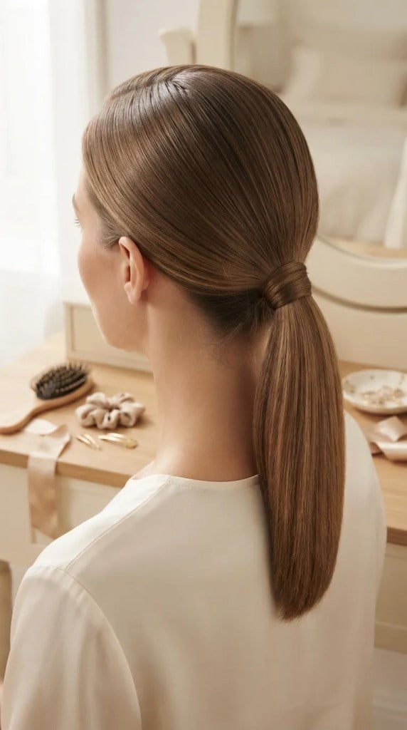 Sleek Low Ponytail Shoulder Length Sleek Low Ponytail Shoulder Length — Simple Updo Ponytail