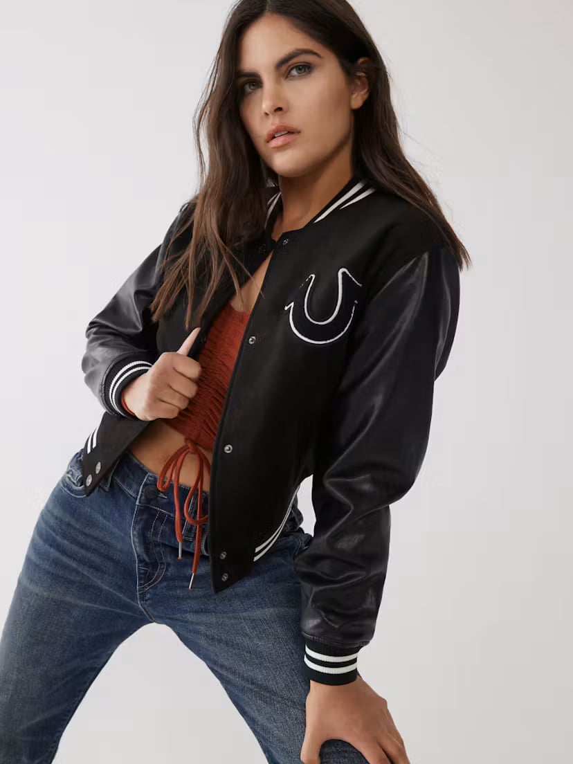 Black Varsity Jacket With Rust Top — Simple Varsity Jacket Outfits