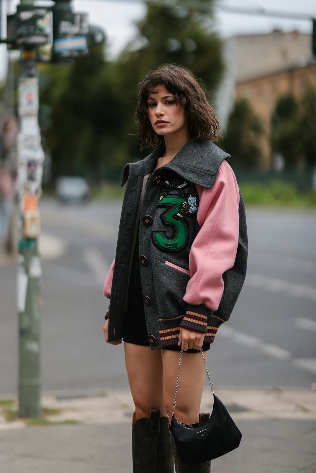 Gray Varsity Jacket With Pink Sleeves — Simple Varsity Jacket Outfits