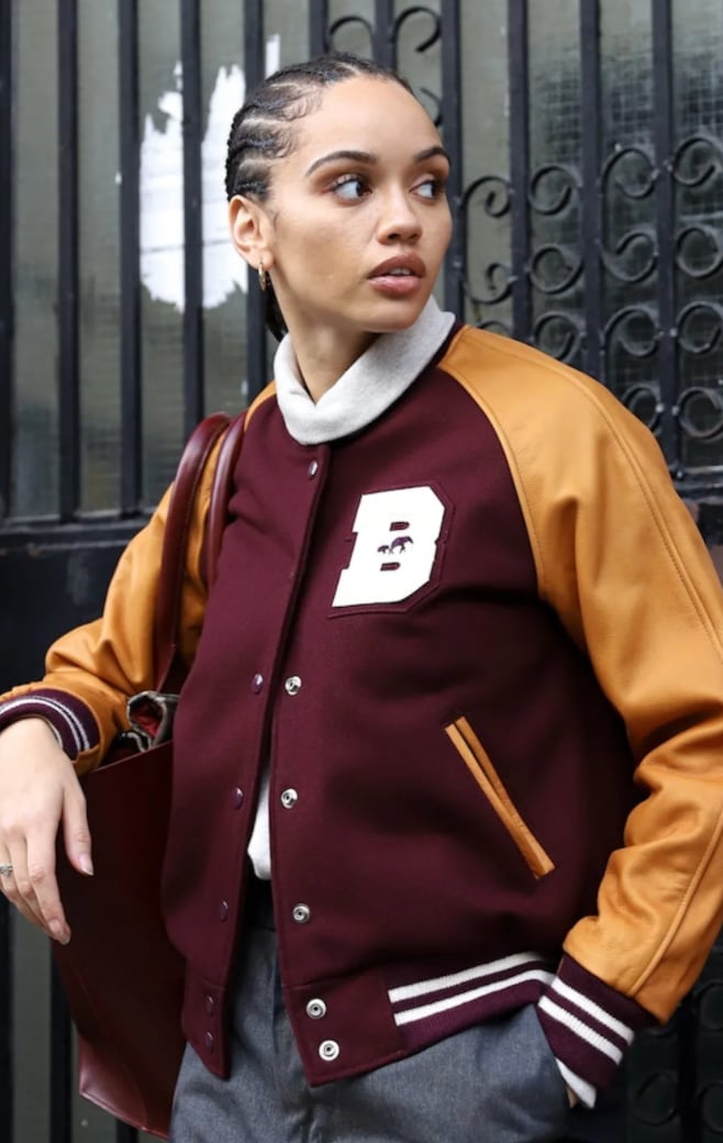 Burgundy Varsity Jacket With Tan Sleeves — Simple Varsity Jacket Outfits