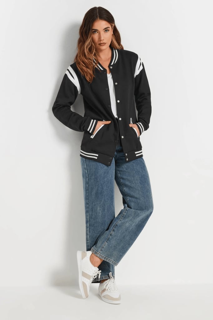 Black Bomber Jacket With White Stripes — Simple Varsity Jacket Outfits