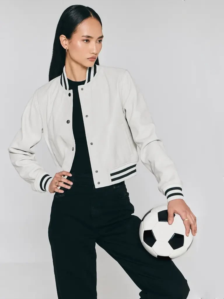 White Leather Bomber Jacket With Stripes, Cropped Fit — Simple Varsity Jacket Outfits