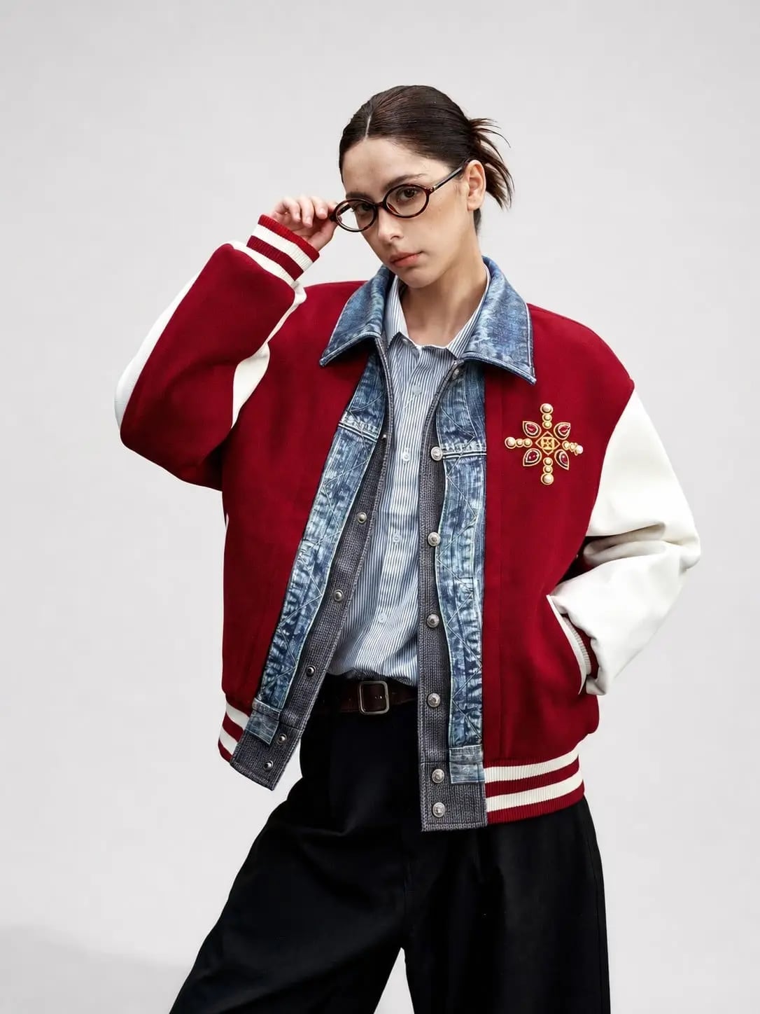 Red Varsity Jacket Over Denim Shirt — Simple Varsity Jacket Outfits