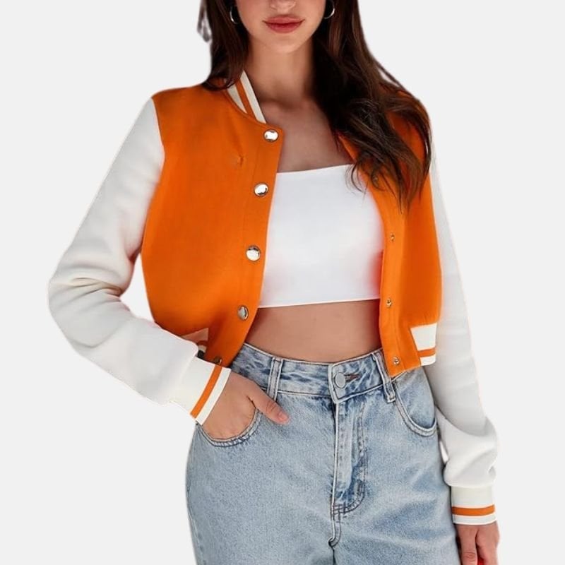 Orange Varsity Jacket With White Crop Top — Simple Varsity Jacket Outfits