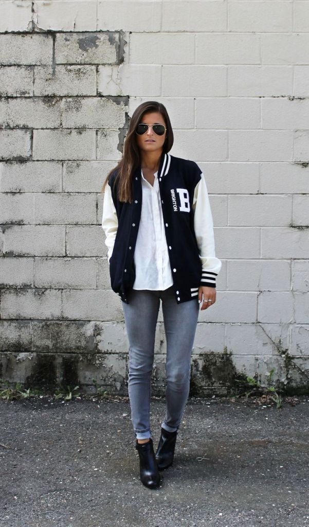 Navy Varsity Jacket With Gray Skinny Jeans — Simple Varsity Jacket Outfits