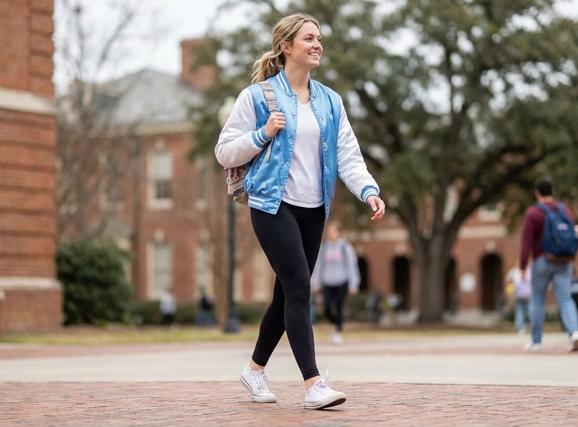 Blue Satin Varsity Jacket With Leggings — Simple Varsity Jacket Outfits