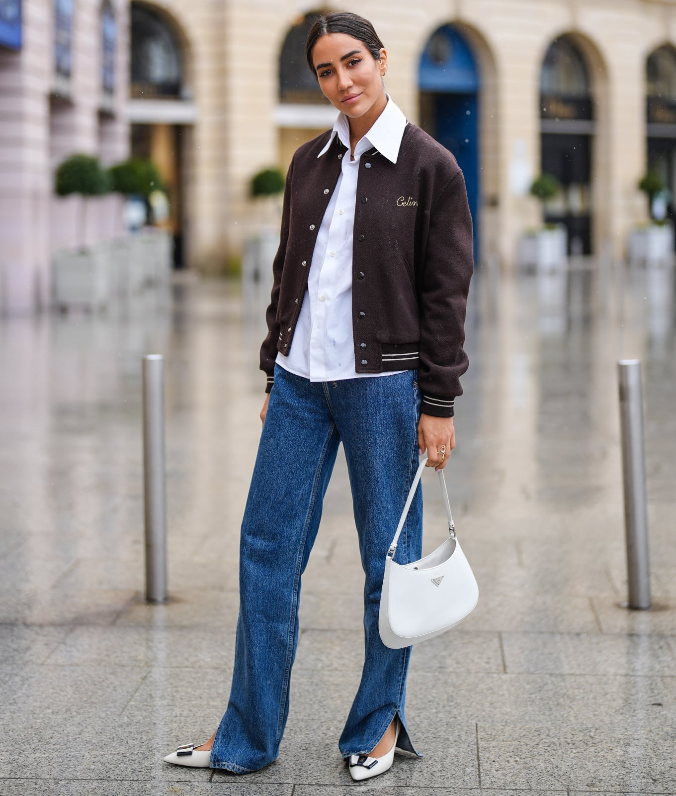 Brown Varsity Jacket With Split Hem Jeans — Simple Varsity Jacket Outfits