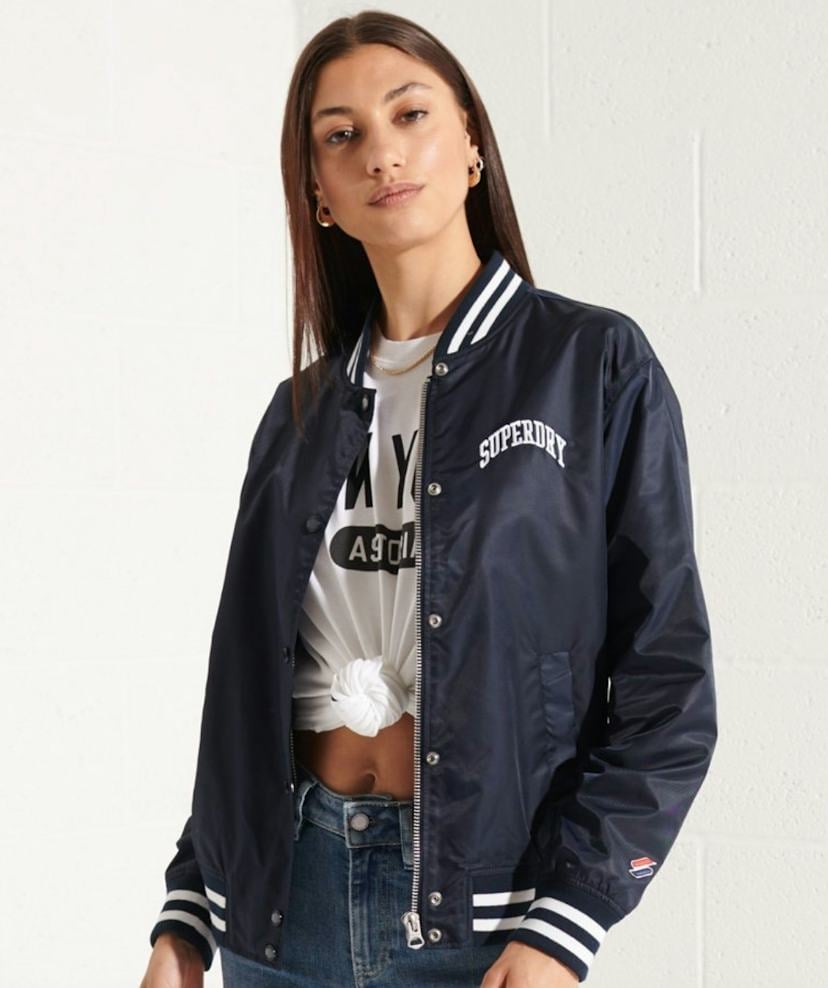 Navy Satin Bomber Jacket With Graphic Tee — Simple Varsity Jacket Outfits