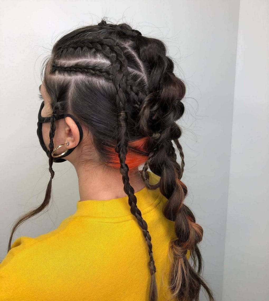 Dark Brown Braids With Orange and Blonde Highlights — Simple Viking Braids