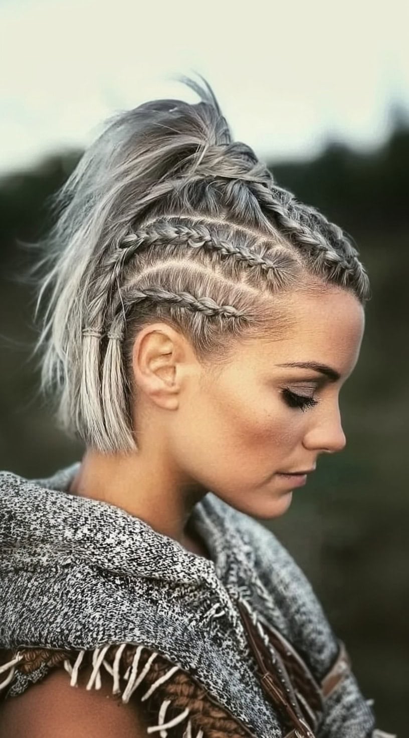 Short Gray Bob With Small Braids — Simple Viking Braids