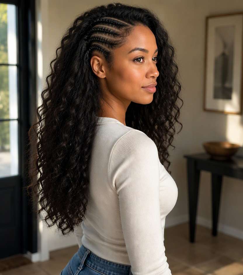 Dark Brown Curly Hair With Side Braids — Simple Viking Braids