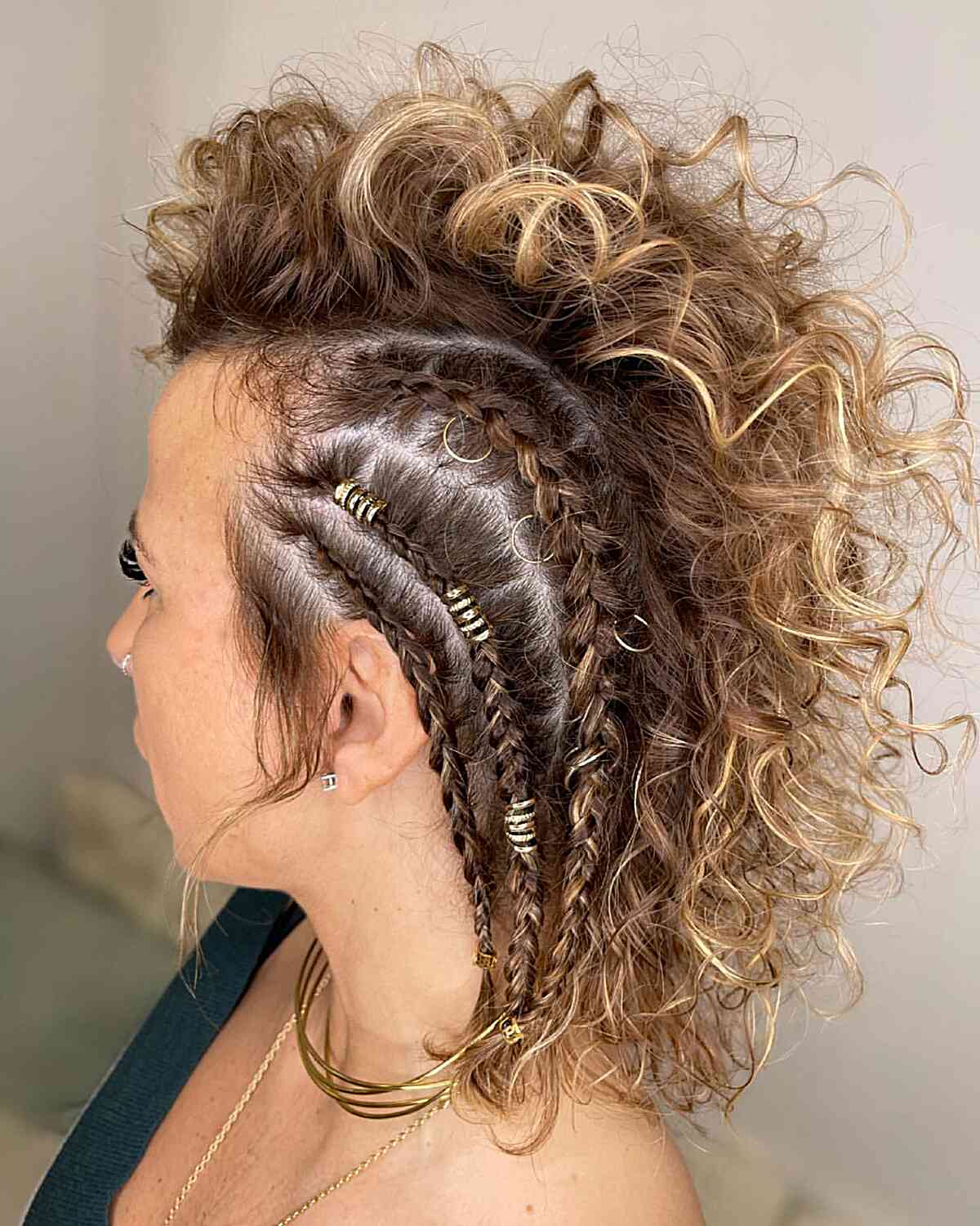 Curly Mohawk With Braided Sides and Gold Rings — Simple Viking Braids