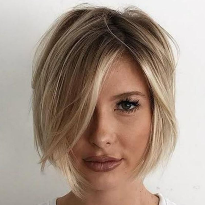 Chin Length Angled Bob With Texture, Blonde With Highlights Chin Length Angled Bob With Texture, Blonde With Highlights — Simple Volume Hair
