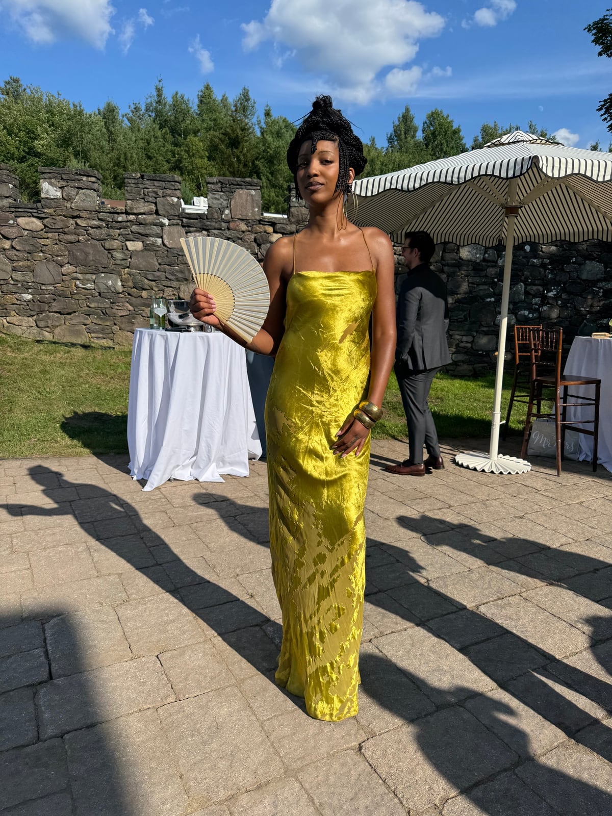 Chartreuse green metallic maxi dress with textured pattern — Simple Wedding Guest Outfits