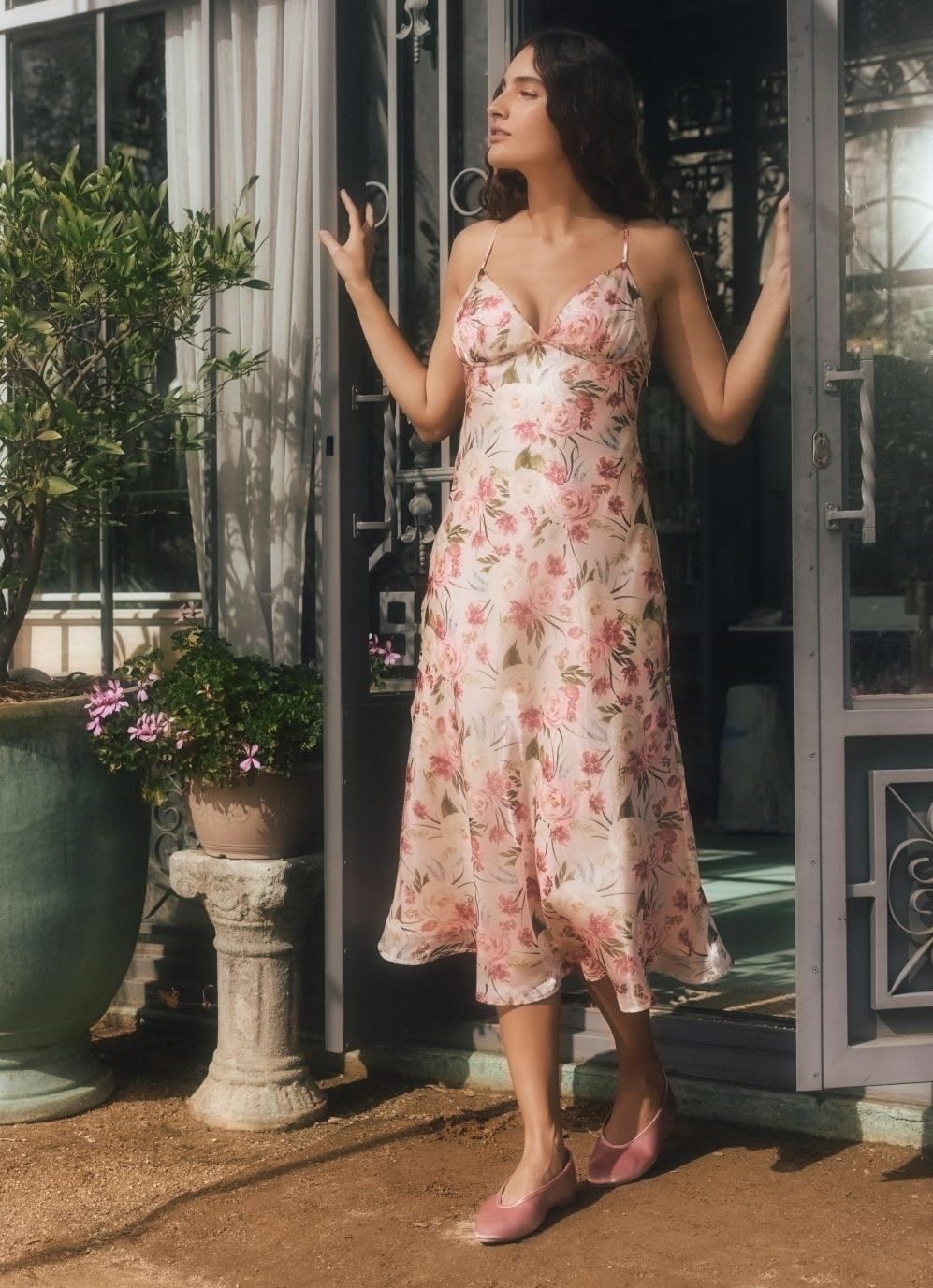 Pink floral print satin slip dress with a-line skirt — Simple Wedding Guest Outfits