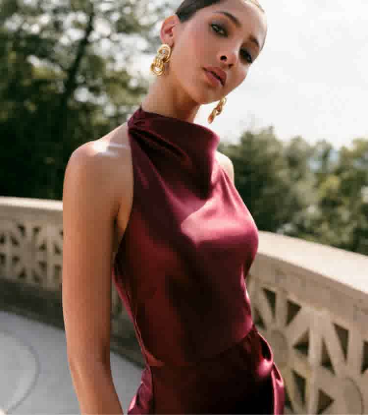 Burgundy satin halter neck maxi dress — Simple Wedding Guest Outfits