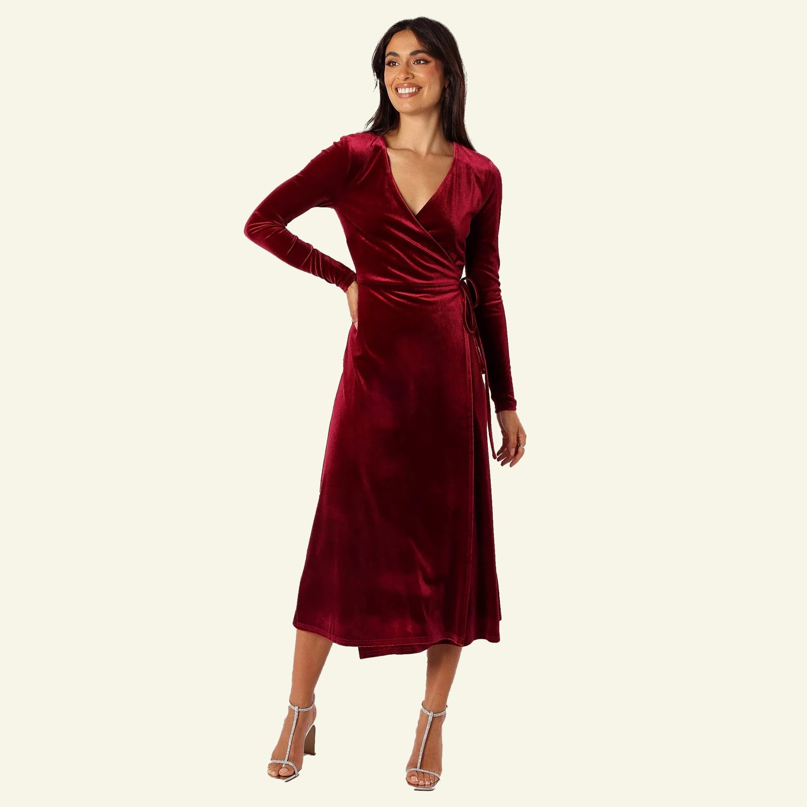 Red velvet long-sleeve wrap dress for winter weddings — Simple Wedding Guest Outfits