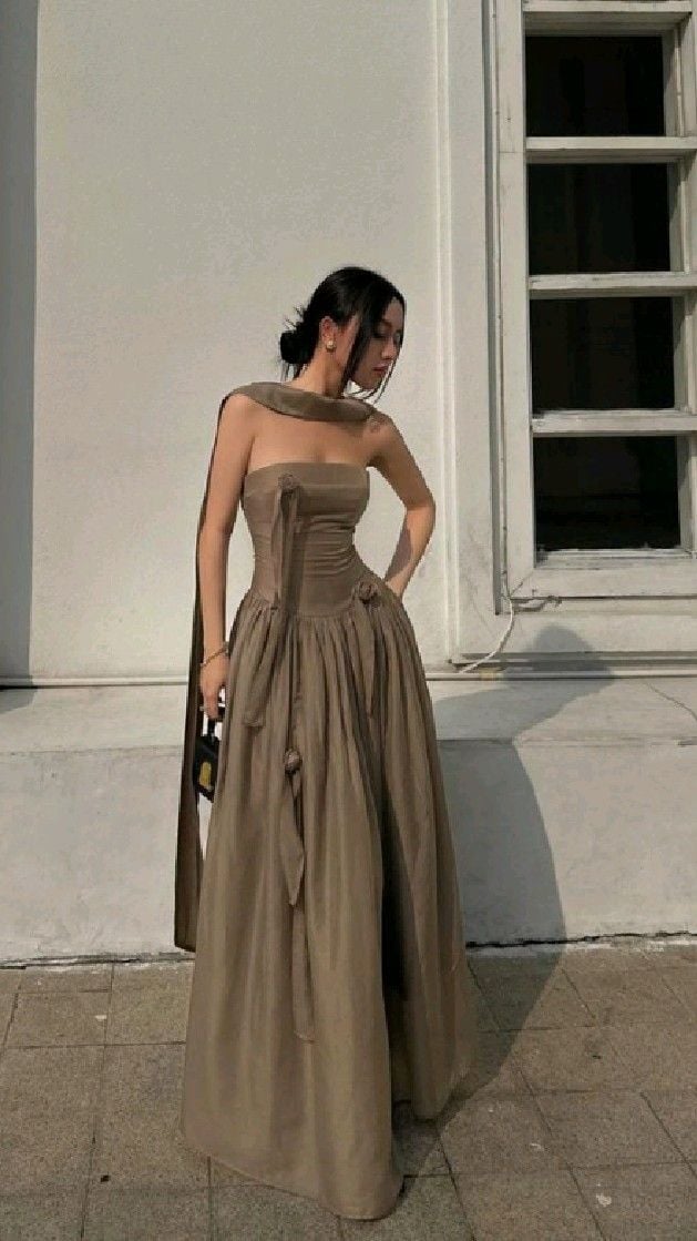 Taupe strapless voluminous a-line dress with scarf detail — Simple Wedding Guest Outfits
