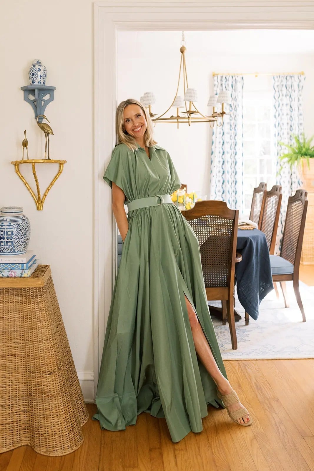 Olive green cotton poplin shirt dress with wide skirt — Simple Wedding Guest Outfits