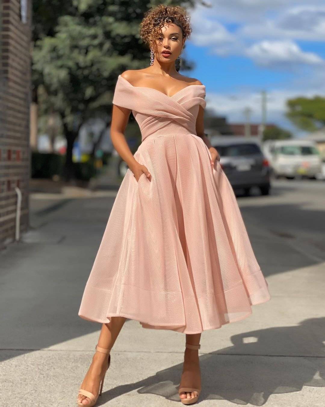 Pink off-the-shoulder midi dress with voluminous skirt, Fit-And-Flare — Simple Wedding Guest Outfits