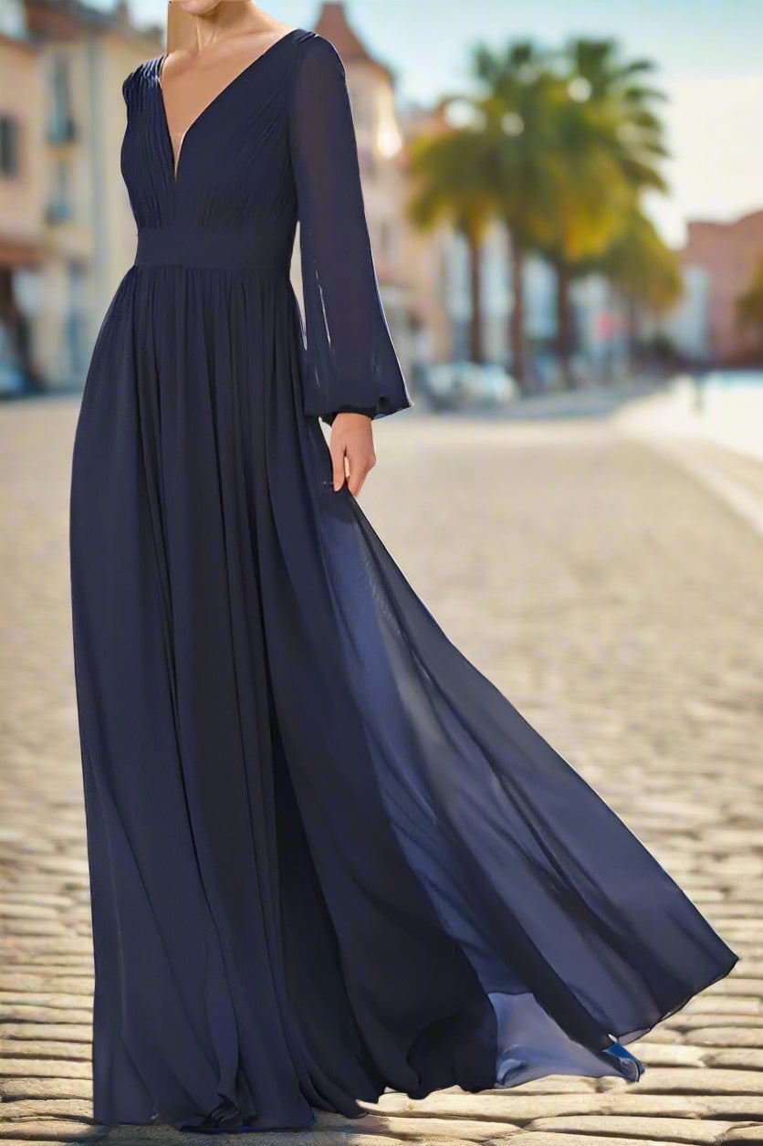 Dark navy long-sleeve deep v-neck dress — Simple Wedding Guest Outfits