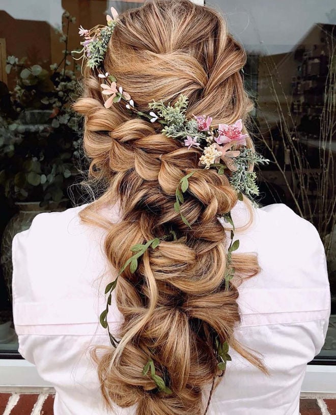 Elaborate Braided Updo With Floral Accents — Simple Wedding Hairstyles for Long Hair