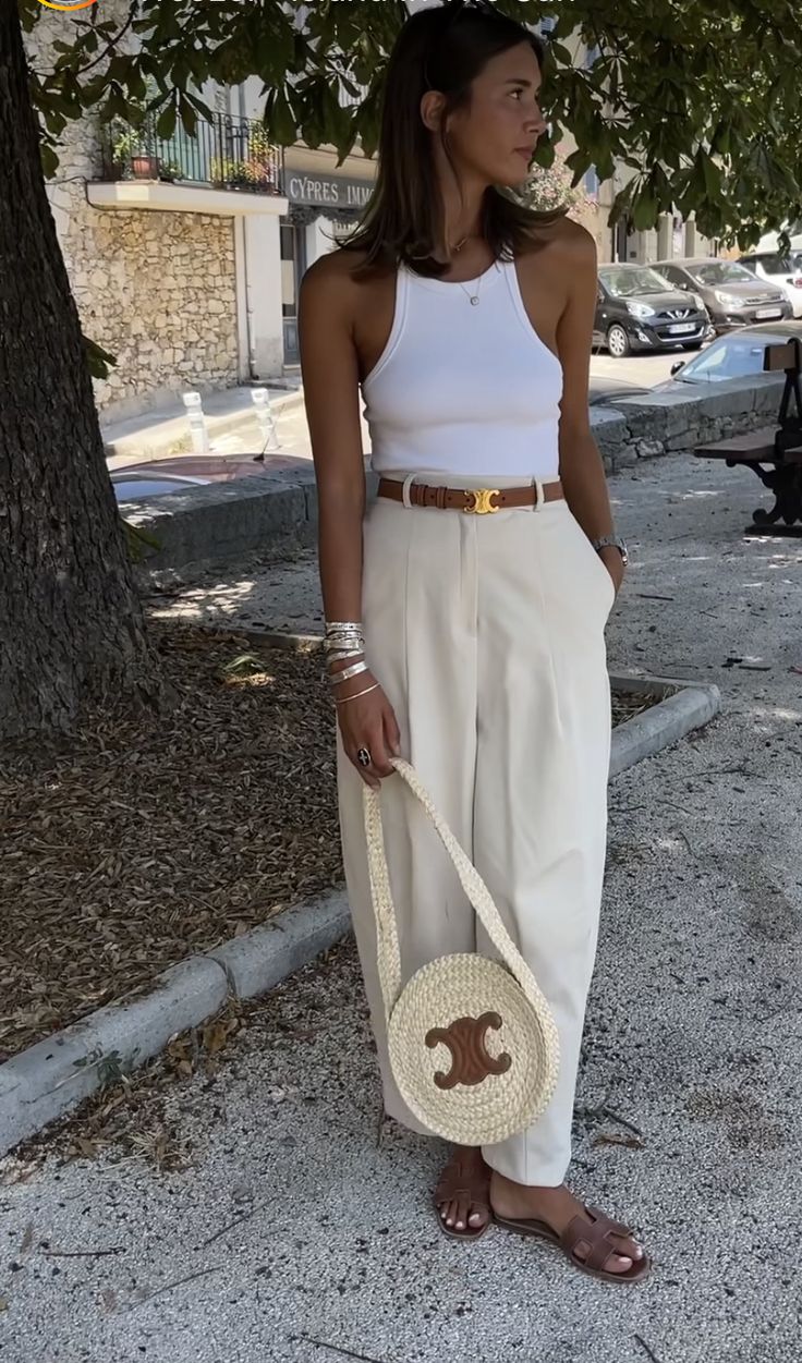 White Ribbed Tank Top with Cream Wide-Leg Pants White Ribbed Tank Top with Cream Wide-Leg Pants — Simple White Top Outfits