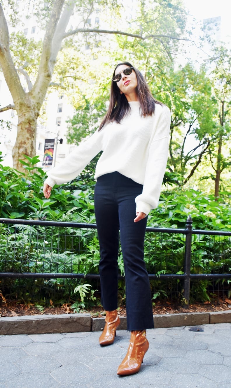 Oversized White Textured Sweater with Cropped Flared Trousers Oversized White Textured Sweater with Cropped Flared Trousers — Simple White Top Outfits
