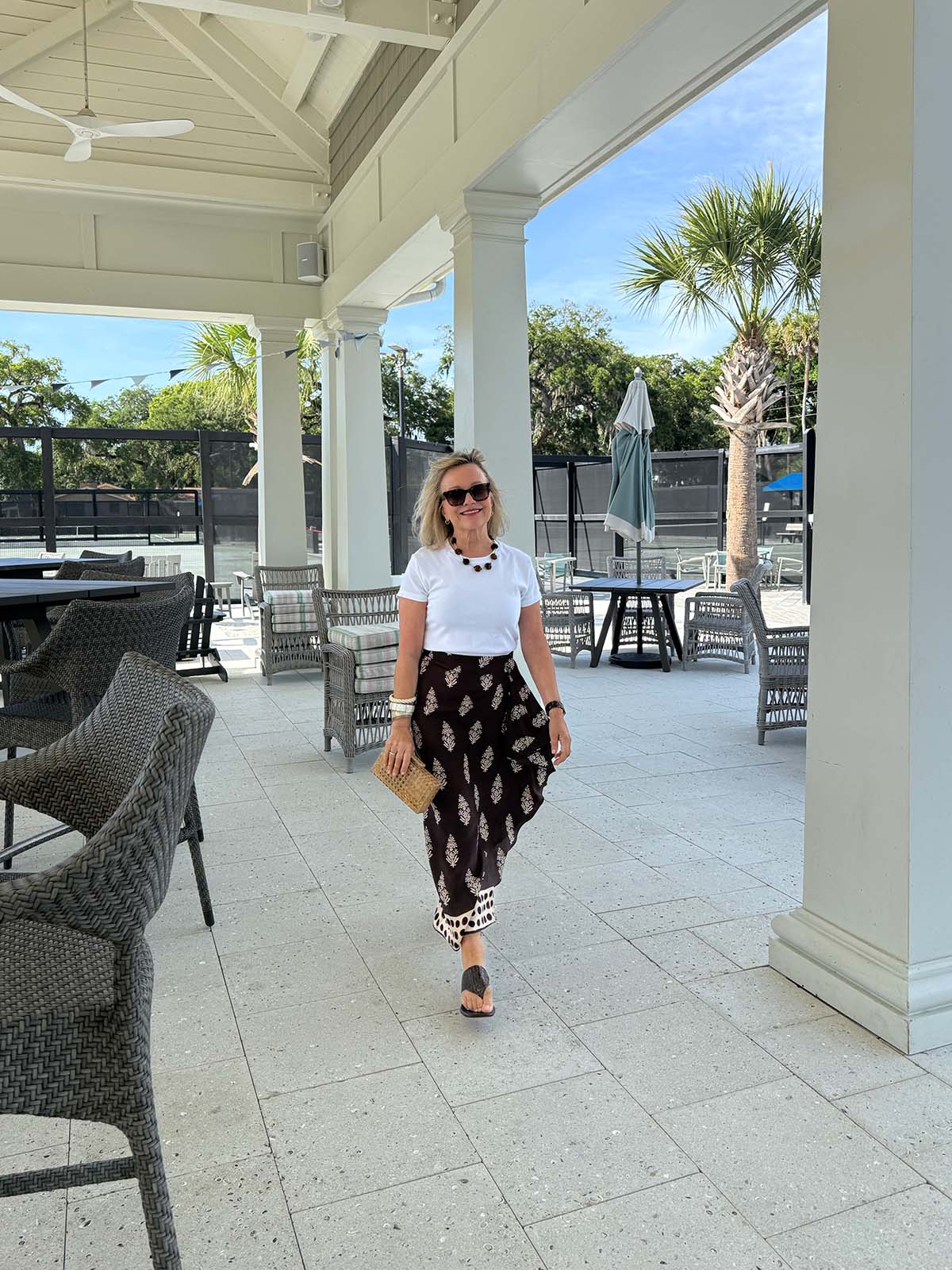 White T-Shirt with Patterned Skirt and Black, Office-Safe Version White T-Shirt with Patterned Skirt and Black, Office-Safe Version — Simple White Top Outfits