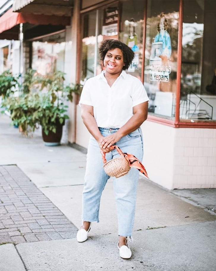 White Button-Down Shirt with Straight-Leg Jeans, Close-Up Take White Button-Down Shirt with Straight-Leg Jeans, Close-Up Take — Simple White Top Outfits