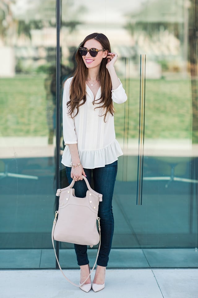 White Pleated Peplum Blouse with Dark Blue Jeans, Close-Up Take White Pleated Peplum Blouse with Dark Blue Jeans, Close-Up Take — Simple White Top Outfits