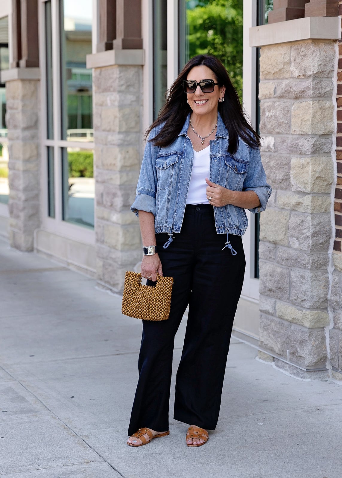 White T-Shirt Layered Under Denim Jacket with Wide-Leg Pants White T-Shirt Layered Under Denim Jacket with Wide-Leg Pants — Simple White Top Outfits