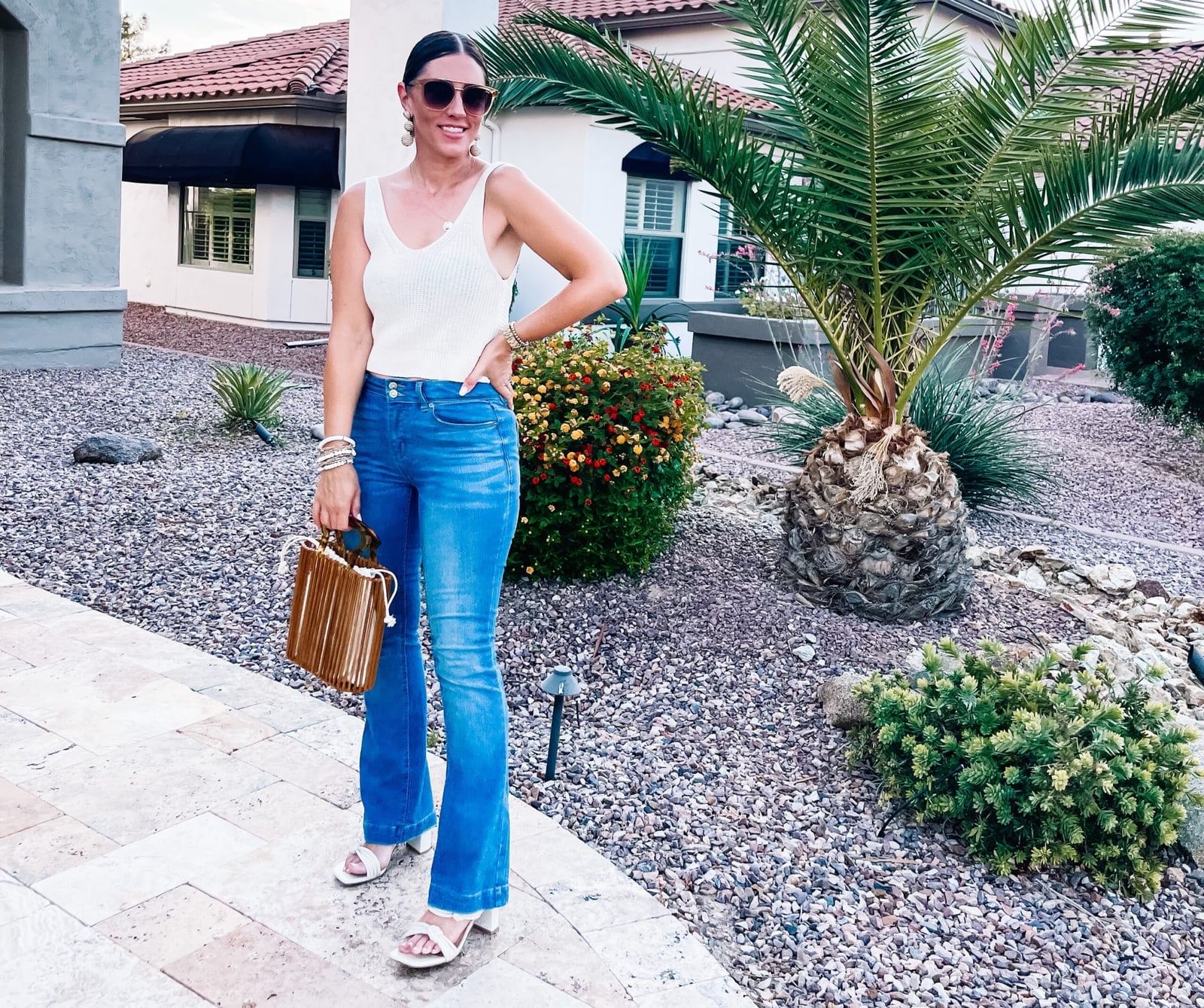 White Ribbed V-Neck Tank Top with Flared Jeans White Ribbed V-Neck Tank Top with Flared Jeans — Simple White Top Outfits