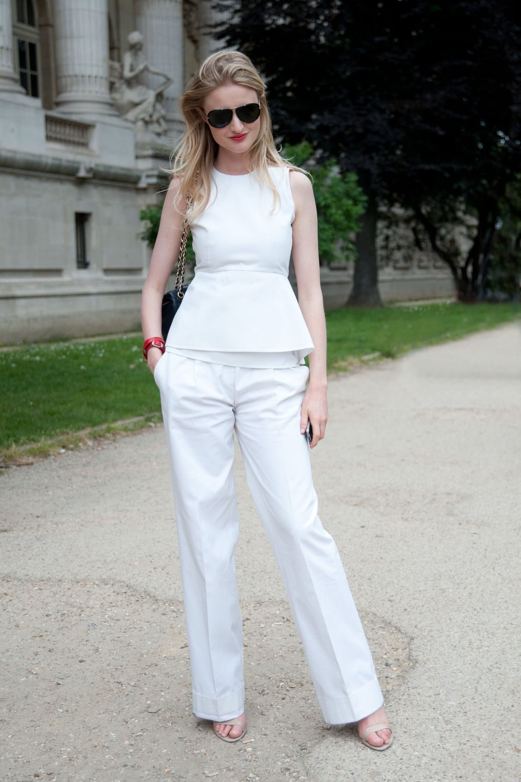 White Peplum Top with White Wide-Leg Trousers White Peplum Top with White Wide-Leg Trousers — Simple White Top Outfits