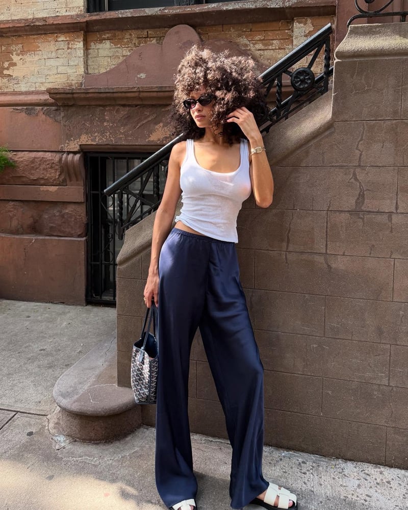 White Ribbed Tank Top with Navy Silk Wide-Leg, Office-Safe Version White Ribbed Tank Top with Navy Silk Wide-Leg, Office-Safe Version — Simple White Top Outfits