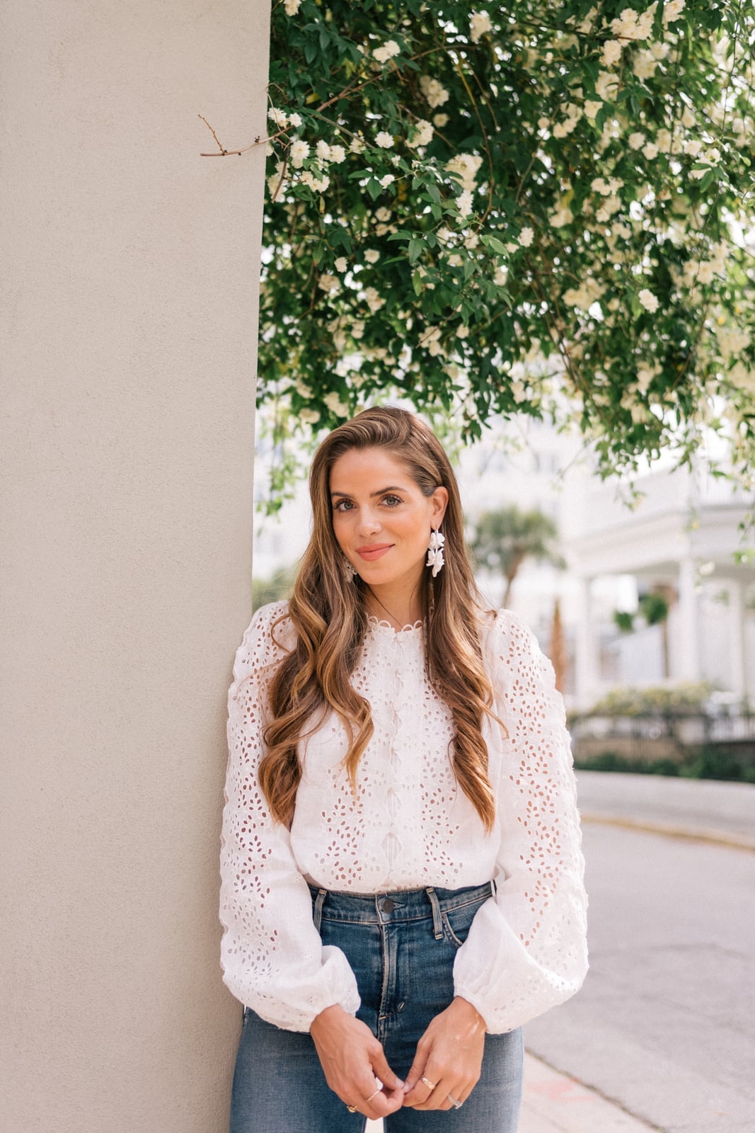 White Broderie Anglaise Blouse with Blue Jeans, Close-Up Take White Broderie Anglaise Blouse with Blue Jeans, Close-Up Take — Simple White Top Outfits