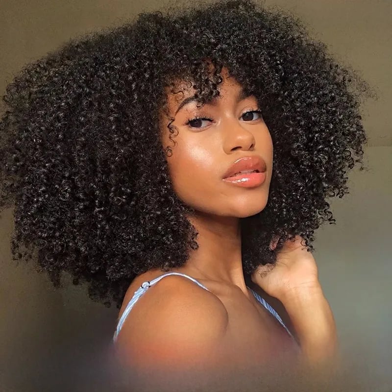 Voluminous Shoulder Length Afro With Curtain Bangs — Simple Wig Hair