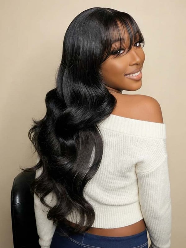 Mid-Back Wavy Hair With Wispy Bangs — Simple Wig Hair