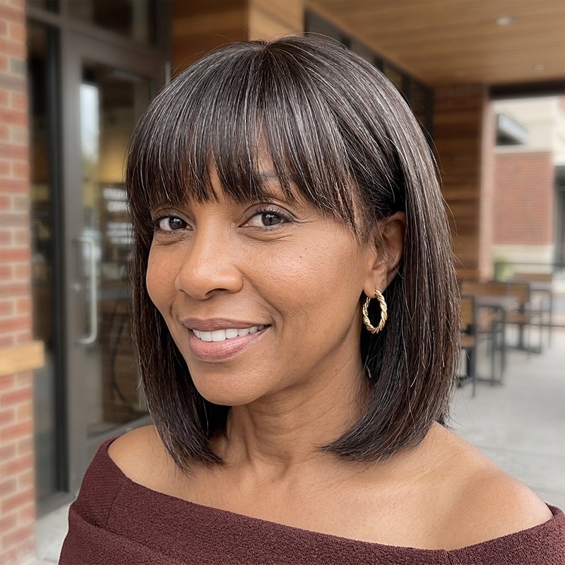 Chin Length Bob With Blunt Bangs and Dark Brown With Gray Streaks — Simple Wig Hair