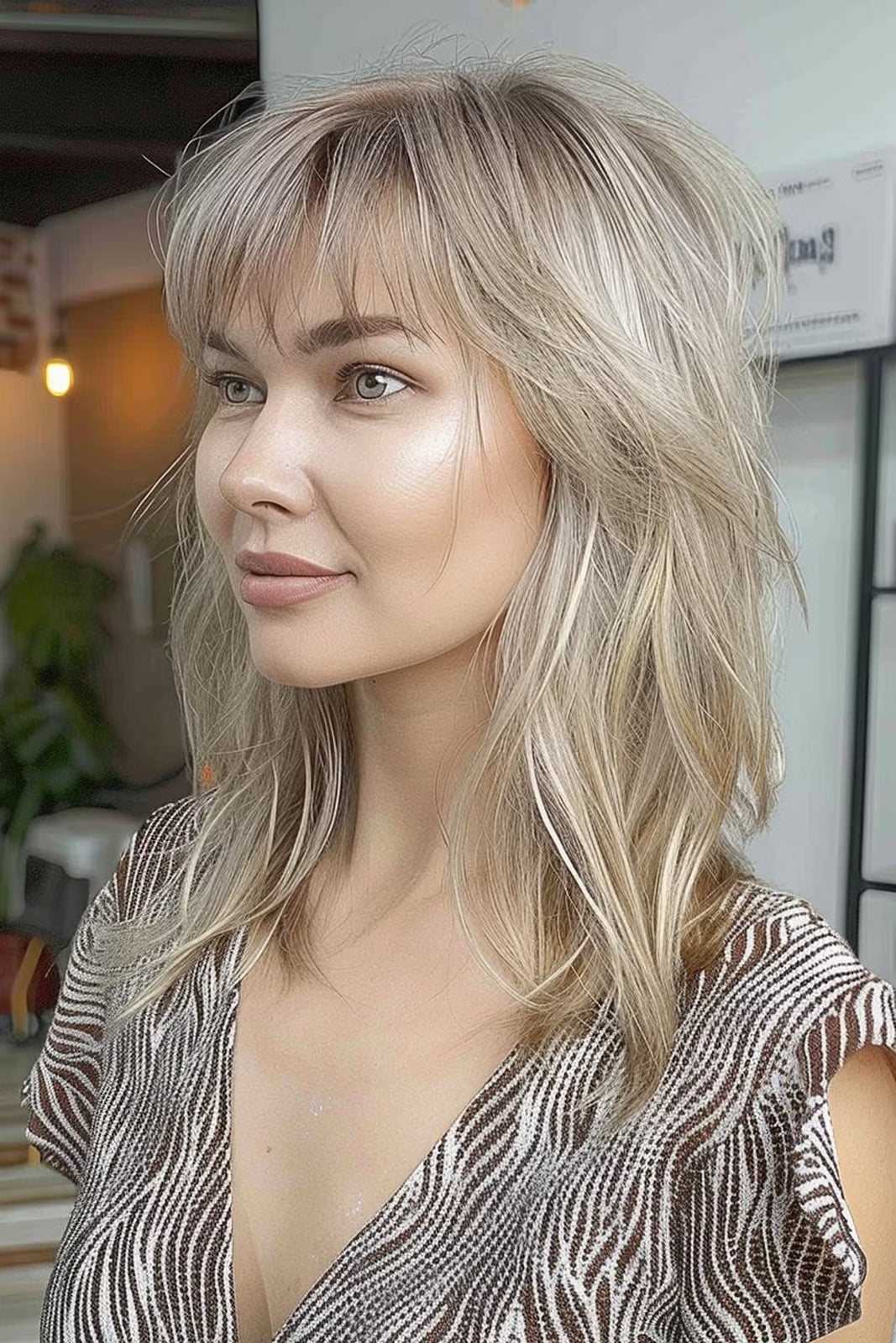 Collarbone Platinum Wolf Cut With Blunt Bangs, Wavy — Simple Wolf Cut
