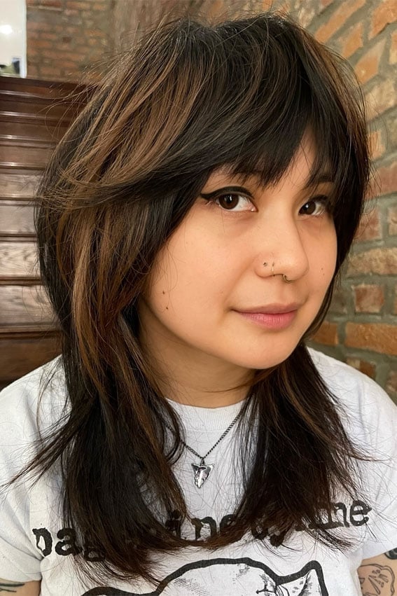 Collarbone Dark Brown Wolf Cut With Wispy Fringe — Simple Wolf Cut