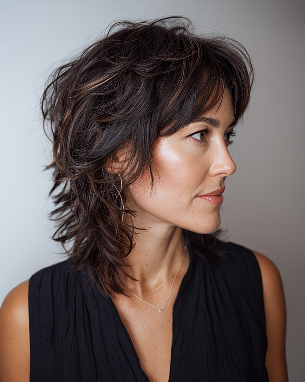 Shoulder Length Dark Brown Wolf Cut With Choppy Bangs — Simple Wolf Cut