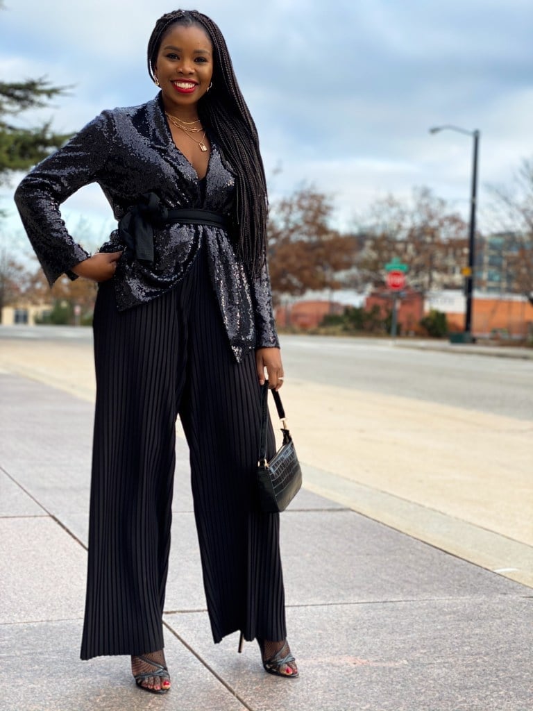 Black Sequin Blazer with Wide-Leg Pants for a Festive Edge Black Sequin Blazer with Wide-Leg Pants for a Festive Edge — Simple Work Party Outfits
