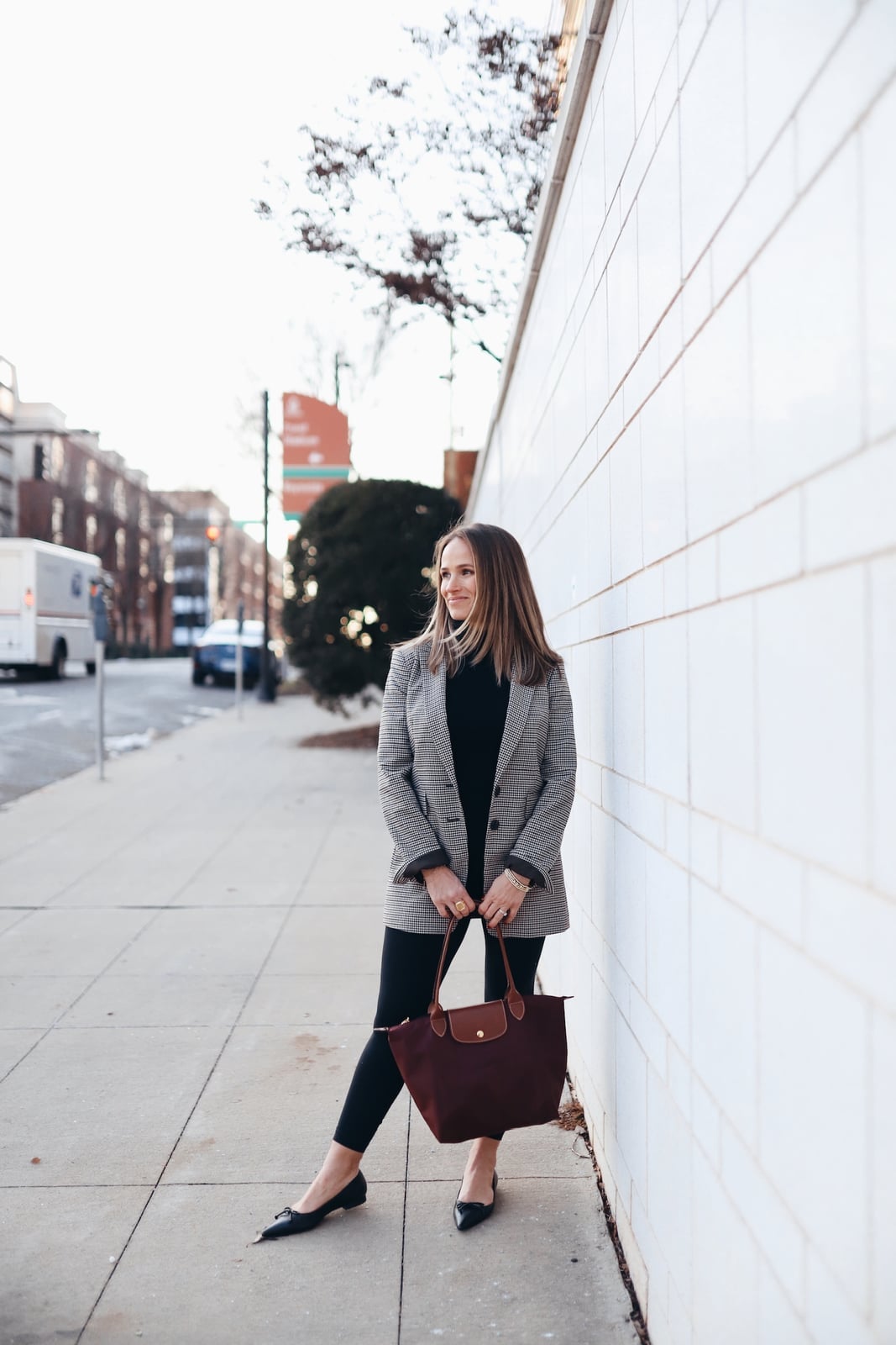 Gray Plaid Blazer with Turtleneck and Leggings Gray Plaid Blazer with Turtleneck and Leggings — Simple Work Party Outfits